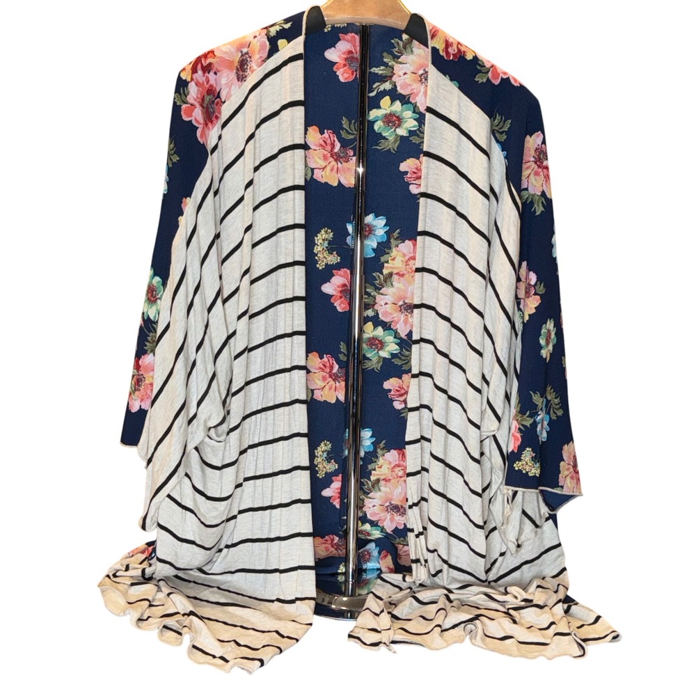 Floral Stripe Kimono Cardigan Duster Navy Pink Blue Open Front 2XL